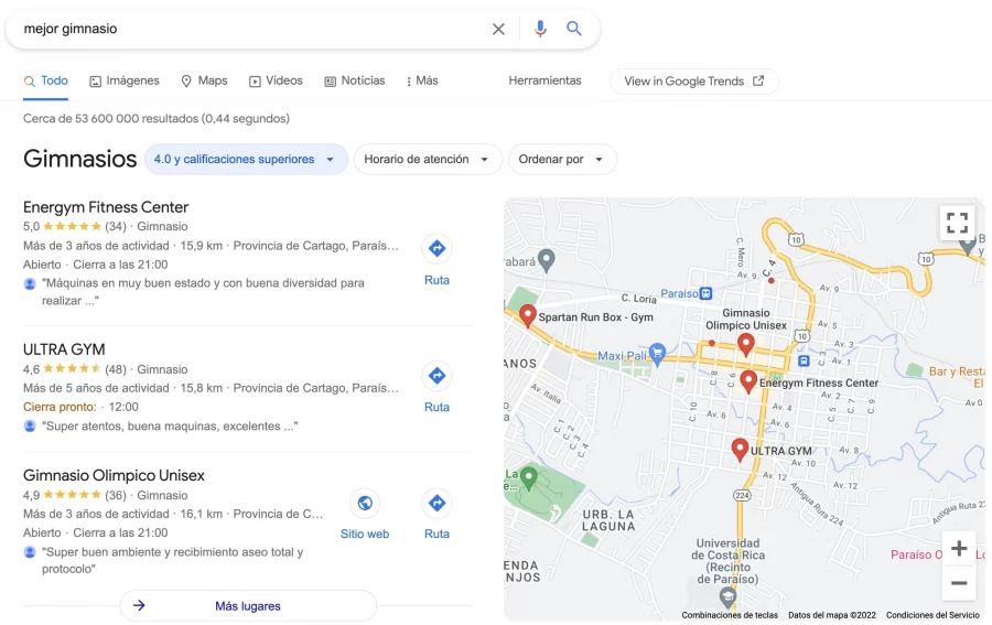 Captura de los resultados locales de Google a la búsqueda mejor gimnasio 