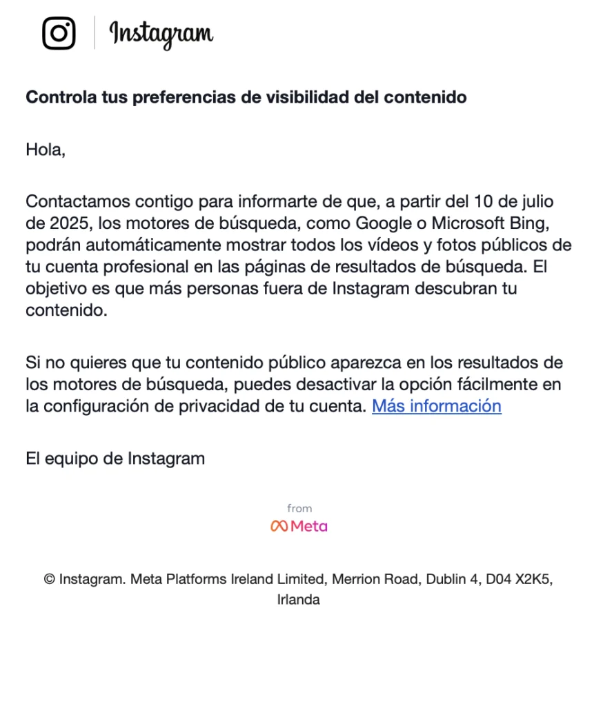 Correo electronico enviado desde instagram anunciando la indexacion de contenido en motores de busqueda.