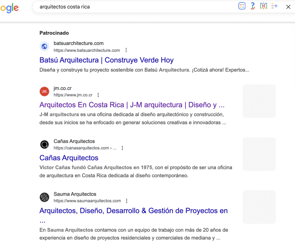 Captura de pantalla de los resultados de Google para Arquitectos Costa Rica