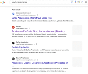 Captura de pantalla de los resultados de Google para Arquitectos Costa Rica