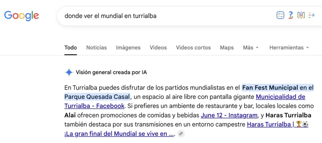 Captura de pantalla de resultados en google: donde ver el mundial en Turrialba Resultados de google donde ver el mundial en Turrialba
