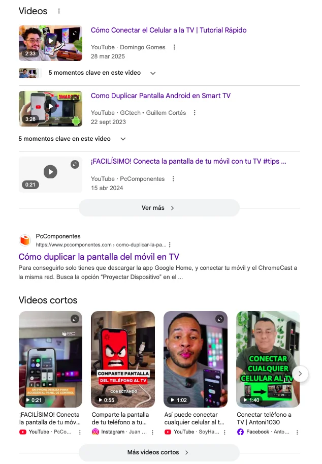 Captura de resultados de Google para "compartir pantalla celular"