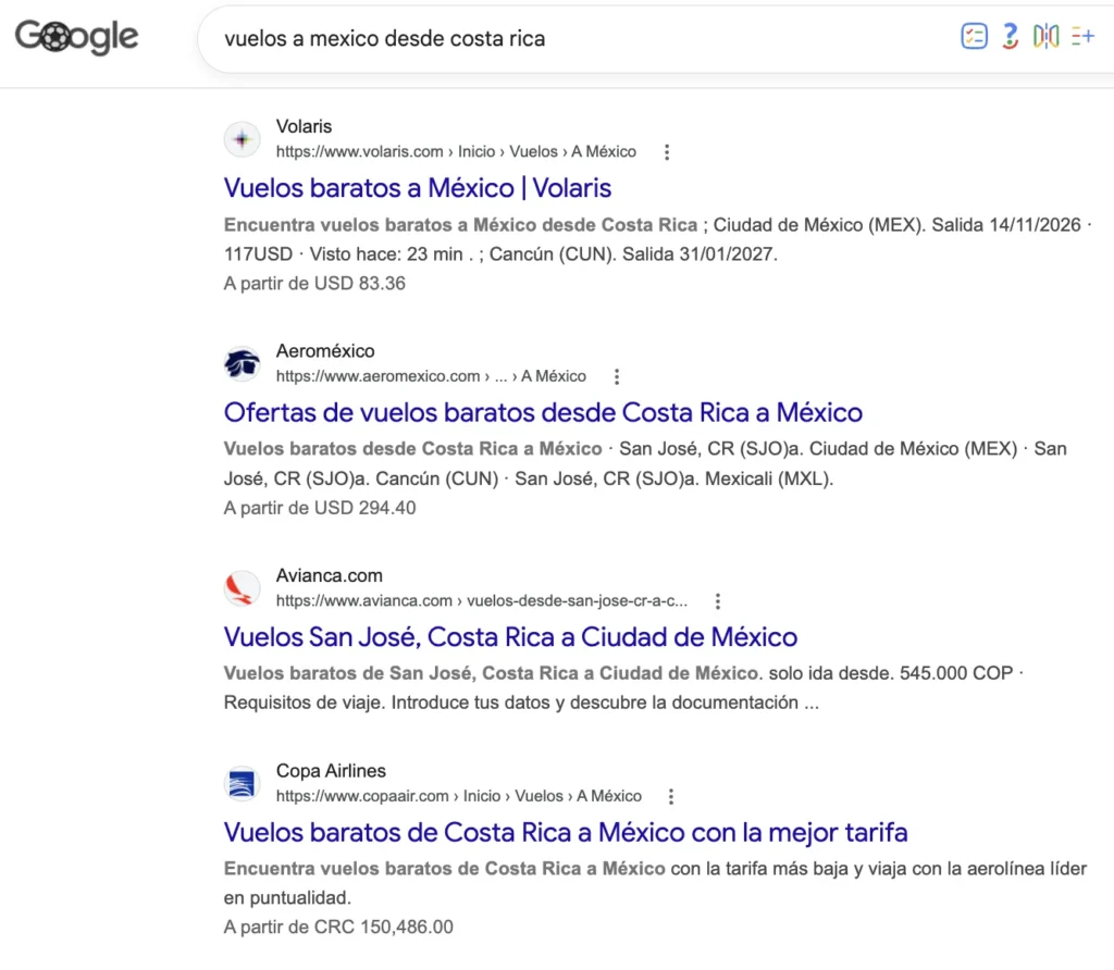 Resultados de google vuelos a mexico desde costa rica