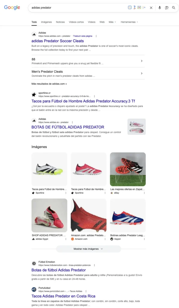 Captura de resultados de búsqueda en Google para "adidas predator" en Costa Rica