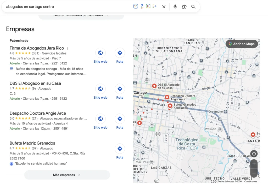Captura de resultados en Google para la búsqueda abogados en Cartago centro Resultados en Google para la búsqueda abogados en Cartago centro