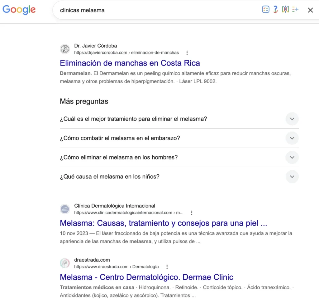 SERP de Google para busqueda clinicas melasma